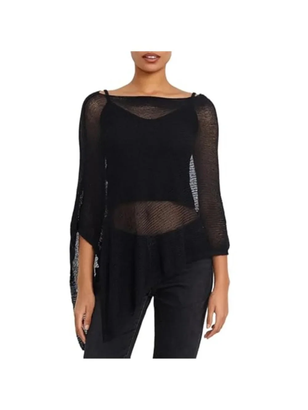 Womens Sheer Poncho Top Y2k Knitted Summer Asymmetrical Mesh Shawl Pullover